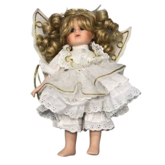Angle white gold trim blond lace wings china doll 11" tall READ - Picture 1 of 11